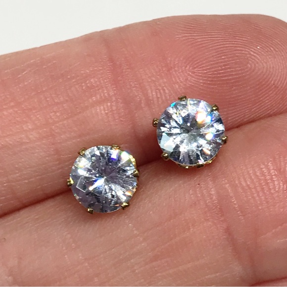 Vintage C&L 7mm Round Cut Prong Set CZ Stud Post Earrings Gold Tone Stainless - Picture 6 of 16